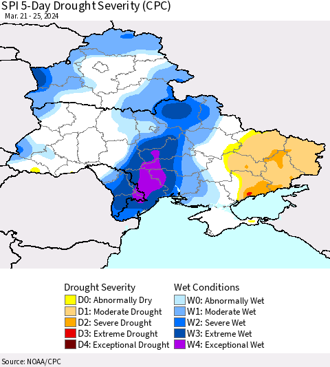 Ukraine, Moldova and Belarus SPI 5-Day Drought Severity (CPC) Thematic Map For 3/21/2024 - 3/25/2024