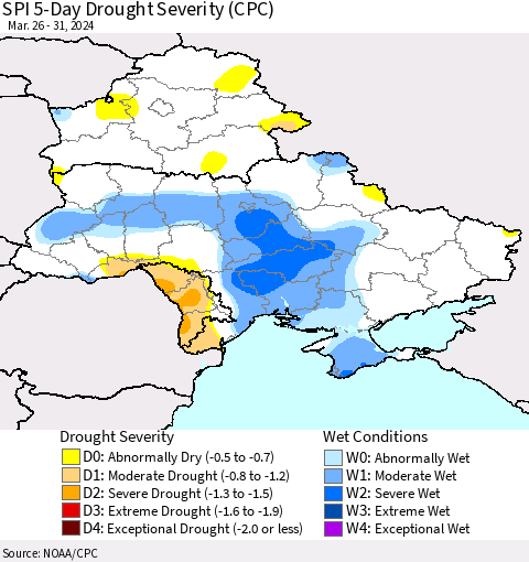 Ukraine, Moldova and Belarus SPI 5-Day Drought Severity (CPC) Thematic Map For 3/26/2024 - 3/31/2024