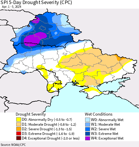 Ukraine, Moldova and Belarus SPI 5-Day Drought Severity (CPC) Thematic Map For 4/1/2024 - 4/5/2024
