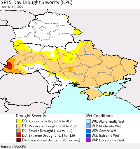 Ukraine, Moldova and Belarus SPI 5-Day Drought Severity (CPC) Thematic Map For 4/6/2024 - 4/10/2024