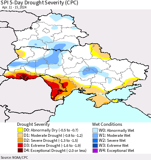 Ukraine, Moldova and Belarus SPI 5-Day Drought Severity (CPC) Thematic Map For 4/11/2024 - 4/15/2024