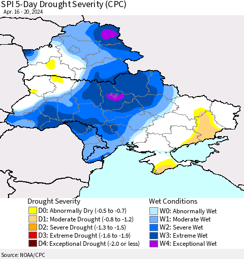 Ukraine, Moldova and Belarus SPI 5-Day Drought Severity (CPC) Thematic Map For 4/16/2024 - 4/20/2024
