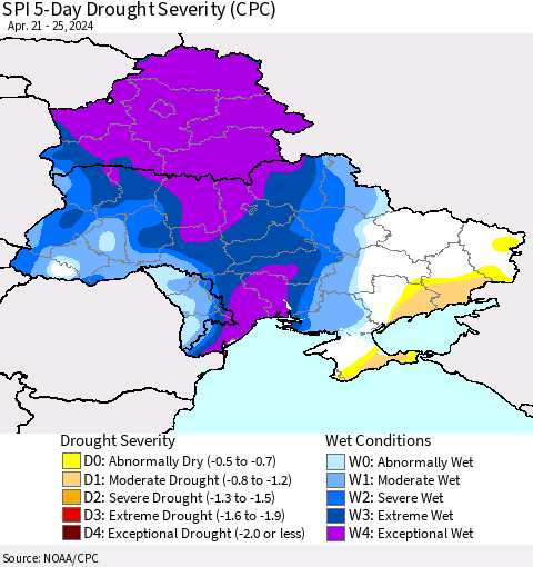 Ukraine, Moldova and Belarus SPI 5-Day Drought Severity (CPC) Thematic Map For 4/21/2024 - 4/25/2024