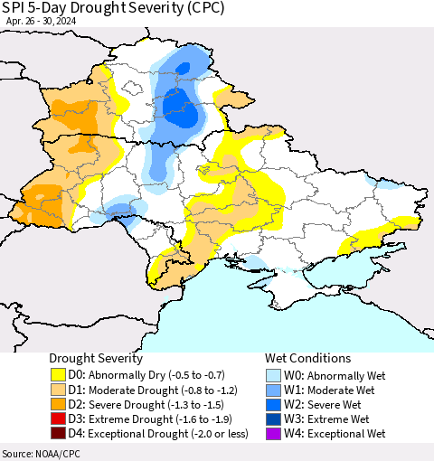 Ukraine, Moldova and Belarus SPI 5-Day Drought Severity (CPC) Thematic Map For 4/26/2024 - 4/30/2024