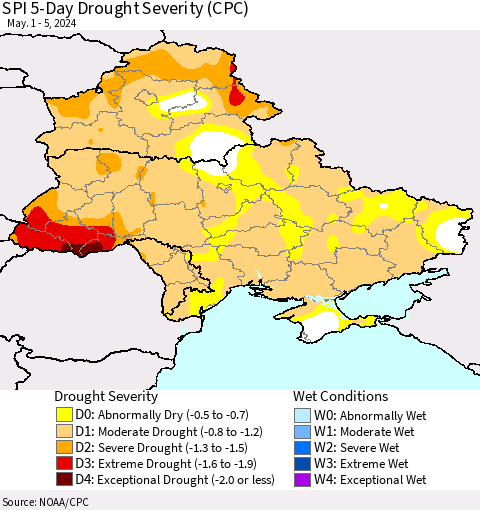 Ukraine, Moldova and Belarus SPI 5-Day Drought Severity (CPC) Thematic Map For 5/1/2024 - 5/5/2024
