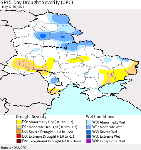 Ukraine, Moldova and Belarus SPI 5-Day Drought Severity (CPC) Thematic Map For 5/6/2024 - 5/10/2024