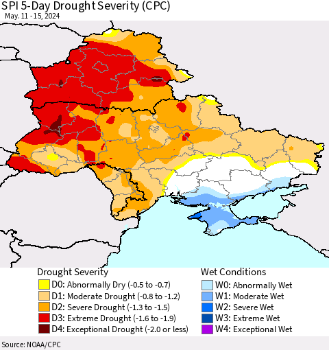 Ukraine, Moldova and Belarus SPI 5-Day Drought Severity (CPC) Thematic Map For 5/11/2024 - 5/15/2024