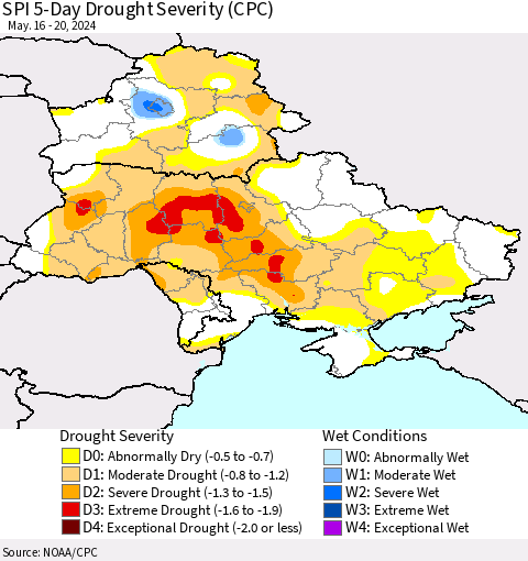 Ukraine, Moldova and Belarus SPI 5-Day Drought Severity (CPC) Thematic Map For 5/16/2024 - 5/20/2024