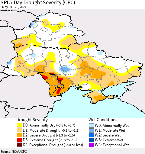 Ukraine, Moldova and Belarus SPI 5-Day Drought Severity (CPC) Thematic Map For 5/21/2024 - 5/25/2024