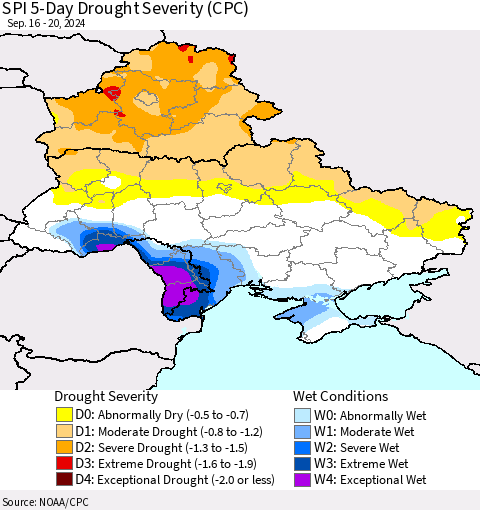 Ukraine, Moldova and Belarus SPI 5-Day Drought Severity (CPC) Thematic Map For 9/16/2024 - 9/20/2024