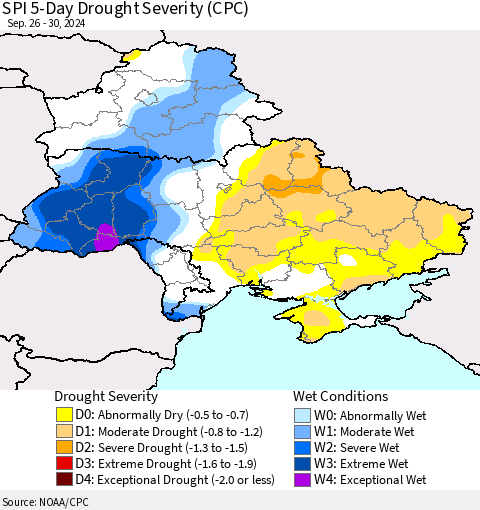 Ukraine, Moldova and Belarus SPI 5-Day Drought Severity (CPC) Thematic Map For 9/26/2024 - 9/30/2024