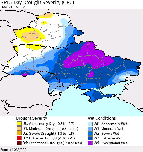 Ukraine, Moldova and Belarus SPI 5-Day Drought Severity (CPC) Thematic Map For 11/21/2024 - 11/25/2024