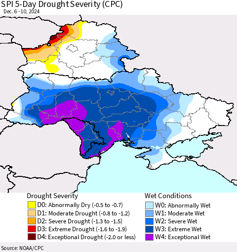 Ukraine, Moldova and Belarus SPI 5-Day Drought Severity (CPC) Thematic Map For 12/6/2024 - 12/10/2024
