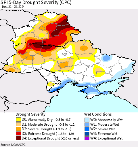 Ukraine, Moldova and Belarus SPI 5-Day Drought Severity (CPC) Thematic Map For 12/21/2024 - 12/25/2024