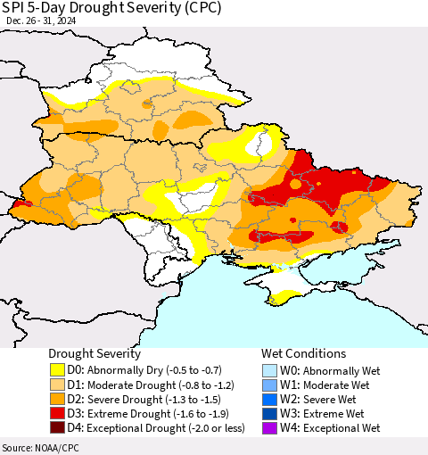 Ukraine, Moldova and Belarus SPI 5-Day Drought Severity (CPC) Thematic Map For 12/26/2024 - 12/31/2024