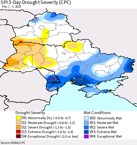 Ukraine, Moldova and Belarus SPI 5-Day Drought Severity (CPC) Thematic Map For 2/1/2025 - 2/5/2025