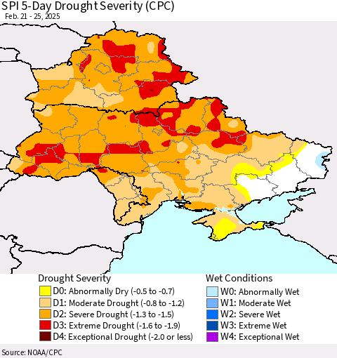 Ukraine, Moldova and Belarus SPI 5-Day Drought Severity (CPC) Thematic Map For 2/21/2025 - 2/25/2025