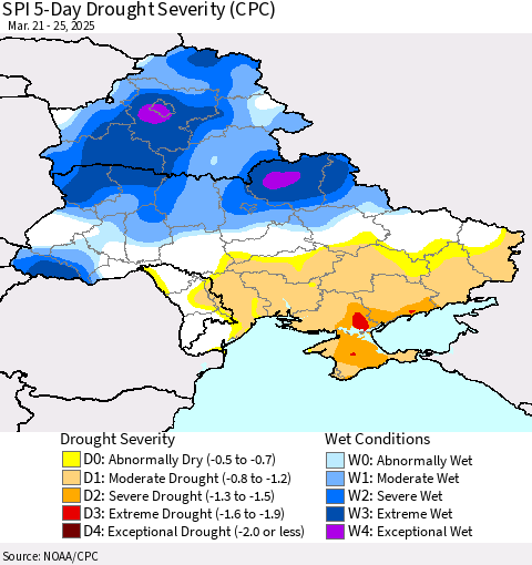 Ukraine, Moldova and Belarus SPI 5-Day Drought Severity (CPC) Thematic Map For 3/21/2025 - 3/25/2025