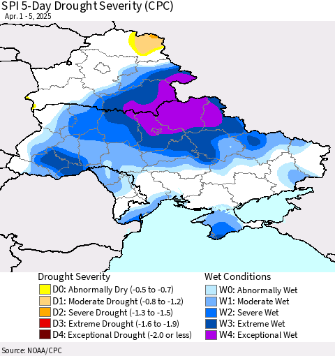 Ukraine, Moldova and Belarus SPI 5-Day Drought Severity (CPC) Thematic Map For 4/1/2025 - 4/5/2025