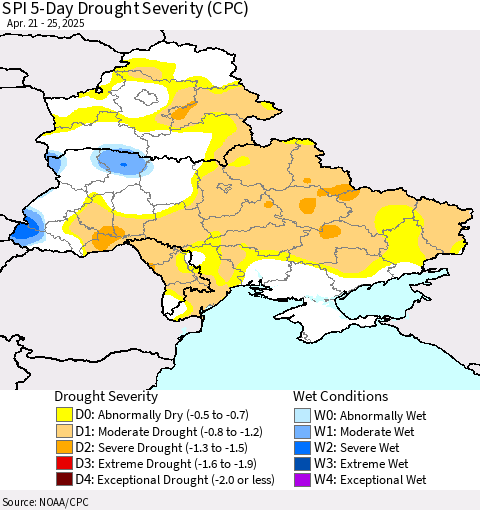 Ukraine, Moldova and Belarus SPI 5-Day Drought Severity (CPC) Thematic Map For 4/21/2025 - 4/25/2025