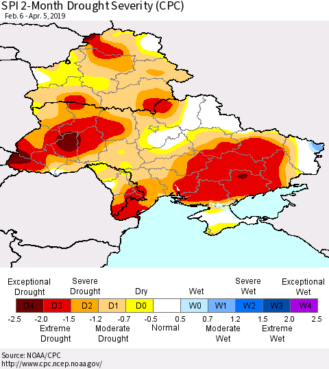 Ukraine, Moldova and Belarus SPI 2-Month Drought Severity (CPC) Thematic Map For 2/6/2019 - 4/5/2019