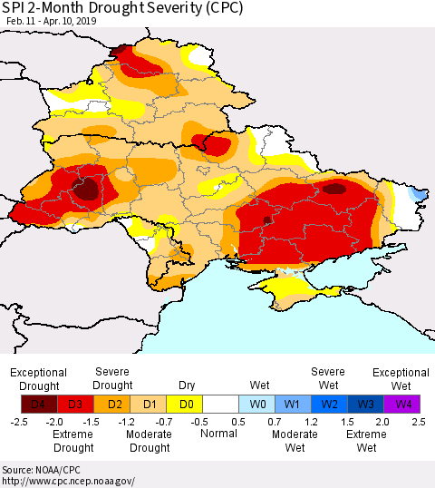 Ukraine, Moldova and Belarus SPI 2-Month Drought Severity (CPC) Thematic Map For 2/11/2019 - 4/10/2019