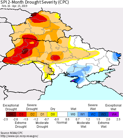 Ukraine, Moldova and Belarus SPI 2-Month Drought Severity (CPC) Thematic Map For 2/16/2019 - 4/15/2019