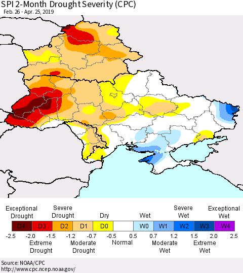 Ukraine, Moldova and Belarus SPI 2-Month Drought Severity (CPC) Thematic Map For 2/26/2019 - 4/25/2019