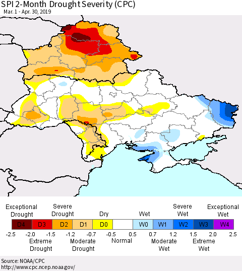Ukraine, Moldova and Belarus SPI 2-Month Drought Severity (CPC) Thematic Map For 3/1/2019 - 4/30/2019