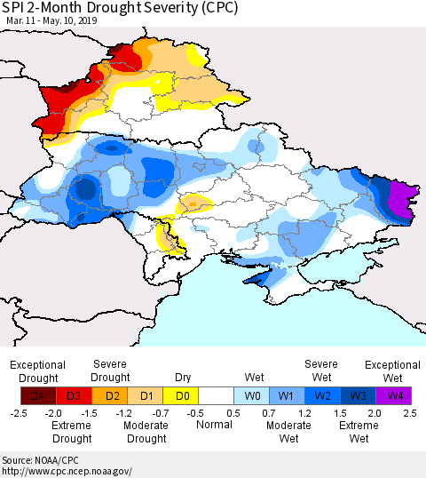 Ukraine, Moldova and Belarus SPI 2-Month Drought Severity (CPC) Thematic Map For 3/11/2019 - 5/10/2019