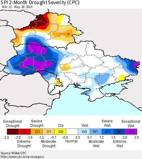 Ukraine, Moldova and Belarus SPI 2-Month Drought Severity (CPC) Thematic Map For 3/21/2019 - 5/20/2019