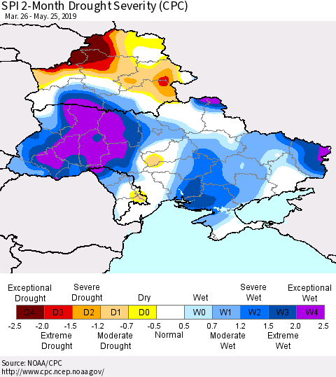 Ukraine, Moldova and Belarus SPI 2-Month Drought Severity (CPC) Thematic Map For 3/26/2019 - 5/25/2019