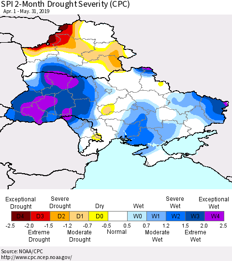 Ukraine, Moldova and Belarus SPI 2-Month Drought Severity (CPC) Thematic Map For 4/1/2019 - 5/31/2019