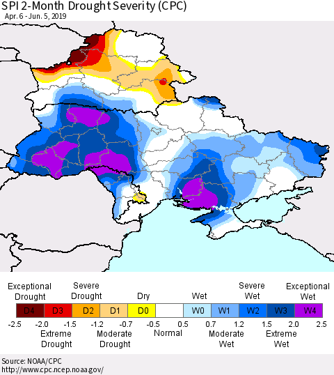 Ukraine, Moldova and Belarus SPI 2-Month Drought Severity (CPC) Thematic Map For 4/6/2019 - 6/5/2019