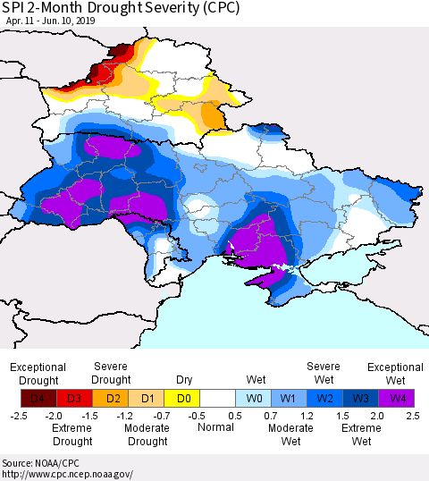 Ukraine, Moldova and Belarus SPI 2-Month Drought Severity (CPC) Thematic Map For 4/11/2019 - 6/10/2019