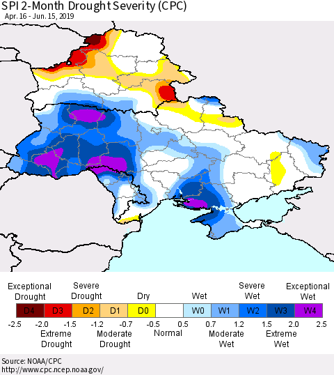 Ukraine, Moldova and Belarus SPI 2-Month Drought Severity (CPC) Thematic Map For 4/16/2019 - 6/15/2019