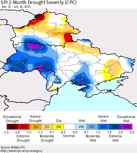 Ukraine, Moldova and Belarus SPI 2-Month Drought Severity (CPC) Thematic Map For 4/21/2019 - 6/20/2019