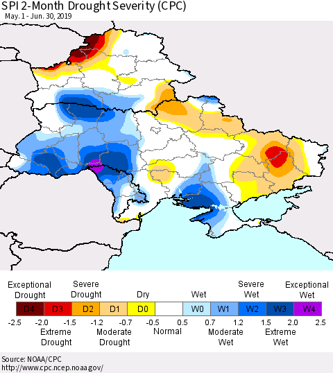 Ukraine, Moldova and Belarus SPI 2-Month Drought Severity (CPC) Thematic Map For 5/1/2019 - 6/30/2019