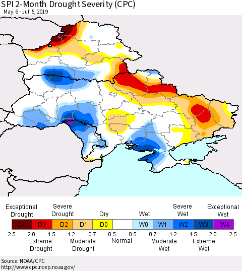 Ukraine, Moldova and Belarus SPI 2-Month Drought Severity (CPC) Thematic Map For 5/6/2019 - 7/5/2019
