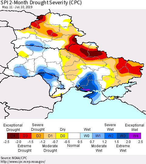 Ukraine, Moldova and Belarus SPI 2-Month Drought Severity (CPC) Thematic Map For 5/11/2019 - 7/10/2019