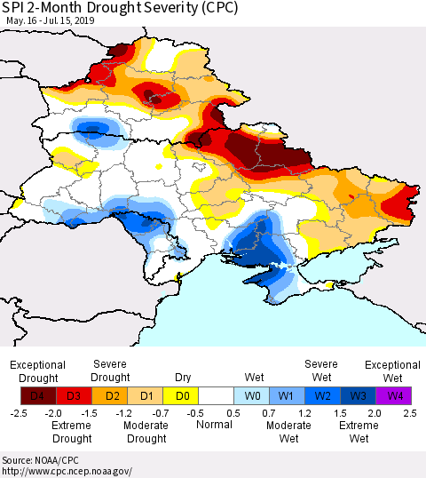 Ukraine, Moldova and Belarus SPI 2-Month Drought Severity (CPC) Thematic Map For 5/16/2019 - 7/15/2019
