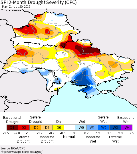Ukraine, Moldova and Belarus SPI 2-Month Drought Severity (CPC) Thematic Map For 5/21/2019 - 7/20/2019