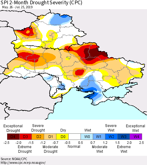 Ukraine, Moldova and Belarus SPI 2-Month Drought Severity (CPC) Thematic Map For 5/26/2019 - 7/25/2019
