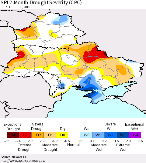 Ukraine, Moldova and Belarus SPI 2-Month Drought Severity (CPC) Thematic Map For 6/1/2019 - 7/31/2019
