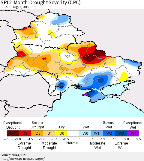 Ukraine, Moldova and Belarus SPI 2-Month Drought Severity (CPC) Thematic Map For 6/6/2019 - 8/5/2019