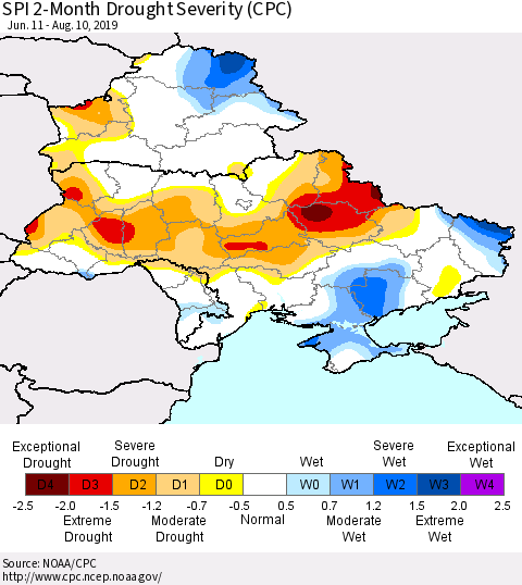 Ukraine, Moldova and Belarus SPI 2-Month Drought Severity (CPC) Thematic Map For 6/11/2019 - 8/10/2019