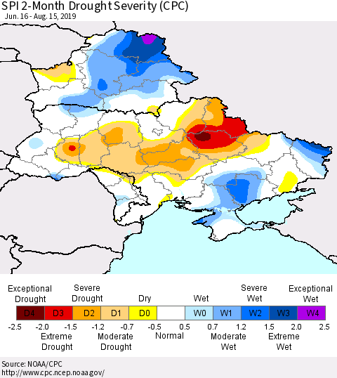 Ukraine, Moldova and Belarus SPI 2-Month Drought Severity (CPC) Thematic Map For 6/16/2019 - 8/15/2019