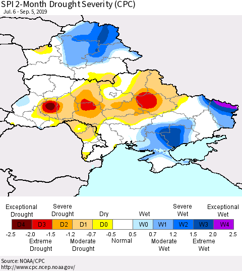Ukraine, Moldova and Belarus SPI 2-Month Drought Severity (CPC) Thematic Map For 7/6/2019 - 9/5/2019
