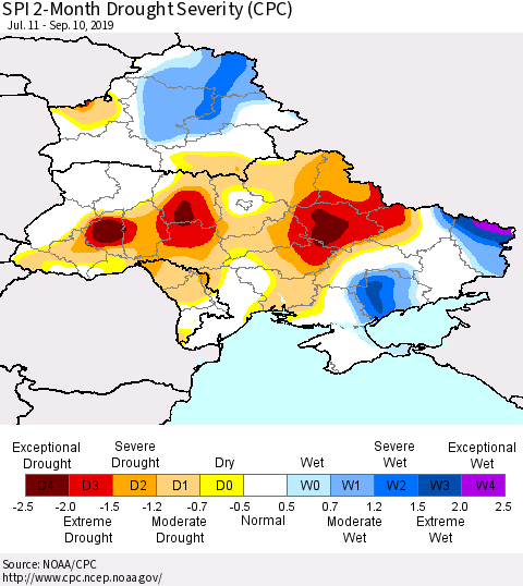 Ukraine, Moldova and Belarus SPI 2-Month Drought Severity (CPC) Thematic Map For 7/11/2019 - 9/10/2019