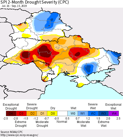 Ukraine, Moldova and Belarus SPI 2-Month Drought Severity (CPC) Thematic Map For 7/16/2019 - 9/15/2019